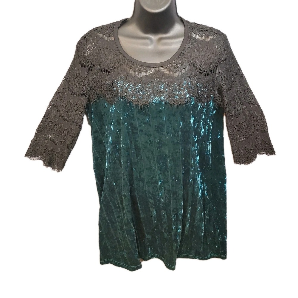Womens Hollow Out Green Velvet Mini Dress Lace 3/4 Sleeve Size M Flowy Cocktail‎